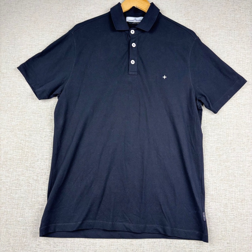 Stone Island Mens Black Pique Cotton Short Sleeve Polo Shirt XL Compass Logo